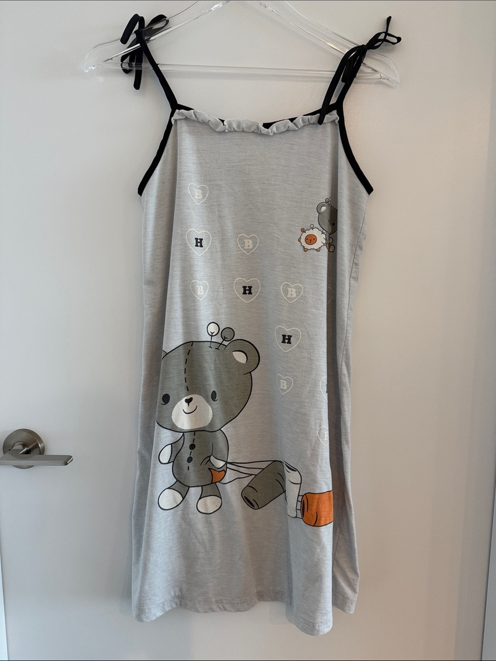 Gray Bear Tank Pajama Dress with Black Trim